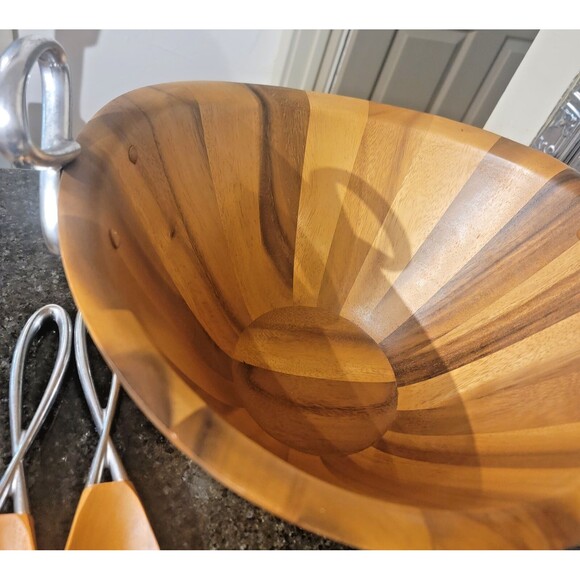 Luxury Nambe Acacia Wood Large Salad Serving Bowl Fork & Spoon Silver Accents - Picture 9 of 16